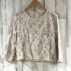 JENN. Cream Cropped Matte Sequin Top Size Large